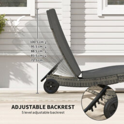Outsunny Outdoor Rattan Sun Lounger With Reclining Back, Wheels, Dark Grey - thumbnail 5