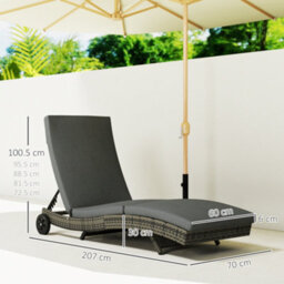 Outsunny Outdoor Rattan Sun Lounger With Reclining Back, Wheels, Dark Grey - thumbnail 3