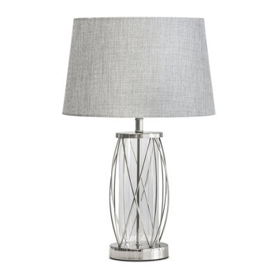 Lighting Supermarket Ashleigh Silver Clear Glass Cylinder Lantern Table Lamp With Grey Linen Shade - image 1