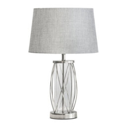 Lighting Supermarket Ashleigh Silver Clear Glass Cylinder Lantern Table Lamp With Grey Linen Shade - thumbnail 1