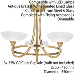 Semi Flush Ceiling Light Antique Brass & White 3 Bulb Hanging Pendant Lamp Shade - thumbnail 2