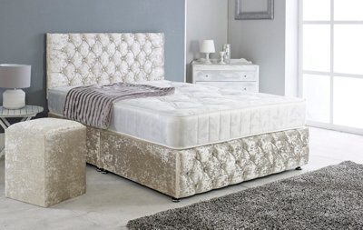 Adore Designs Chesterfield Crushed Velvet Divan Bed, Ortho Mattress, Footboard & Square Stool - 5Ft Kingsize - Cream - 2 Drawers Right Side - image 1