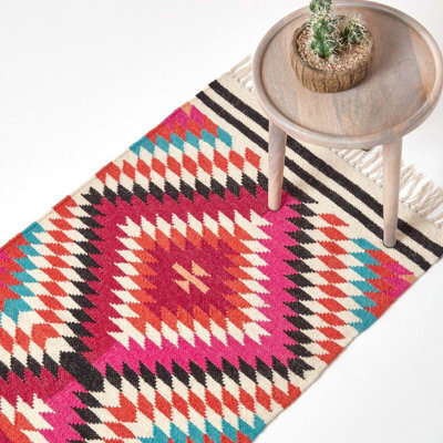 Homescapes Manila Handwoven Pink, Orange And White Multi Coloured Diamond Patterned Kilim Wool Rug, 66 X 200 Cm - image 1