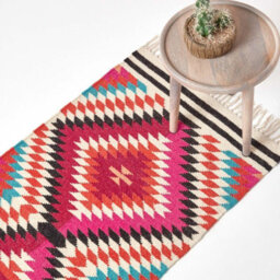 Homescapes Manila Handwoven Pink, Orange And White Multi Coloured Diamond Patterned Kilim Wool Rug, 66 X 200 Cm