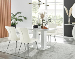 Furniturebox Uk 4 Seater Dining Set - Imperia White High Gloss Dining Table And Chairs - 4 Cream Nora Silver Leg Chairs