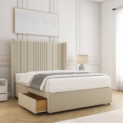 Bsspoke Charlotte Divan Bed Set Cream Plush Velvet With 54Inch Headboard & 2 Drawers Footend & No Mattress In All Sizes - image 1