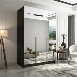 Calia Iii Three Door Wardrobe With Full Length Mirrors Profiled Handles Large Gray Storage Solution Black Gold - thumbnail 1