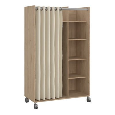 Furniture To Go Uppsala Open Mobile Wardrobe Unit In Jackson Hickory Oak With A Beige Textile Curtain On Wheels - image 1