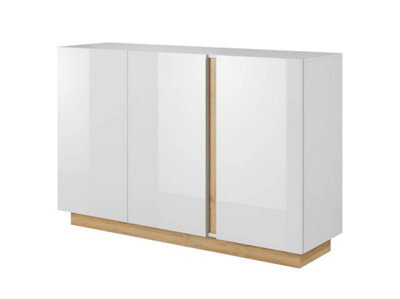 Arte Arco Contemporary Sideboard Cabinet 3 Hinged Doors 2 Shelves White Gloss & Oak Grandson Effect (H)910mm (W)1380mm (D)400mm - image 1