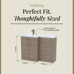 Balterley Left-Hand Bathroom Vanity And Wc Unit Combination With Basin - 1100mm - Woodgrain Mid Oak With Brushed Pewter Handles - thumbnail 5