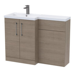 Balterley Left-Hand Bathroom Vanity And Wc Unit Combination With Basin - 1100mm - Woodgrain Mid Oak With Brushed Pewter Handles - thumbnail 1