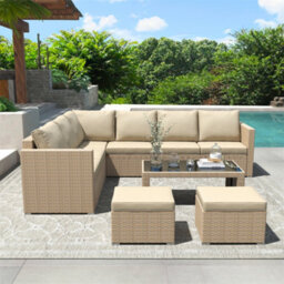 Abrihome Garden Corner Sofa Set Rattan Sofa Outdoor Furniture With Coffee Table 2 Stools,khaki - thumbnail 5