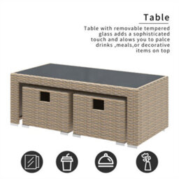 Abrihome Garden Corner Sofa Set Rattan Sofa Outdoor Furniture With Coffee Table 2 Stools,khaki - thumbnail 3