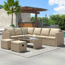 Abrihome Garden Corner Sofa Set Rattan Sofa Outdoor Furniture With Coffee Table 2 Stools,khaki - thumbnail 1