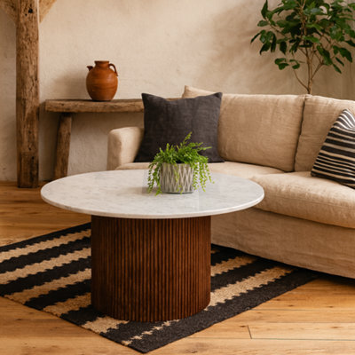 Wyld Haus Alabama Ribbed Mango Wood Coffee Table With Marble Top, 800mm Round - image 1