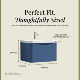 Balterley Dunwood Wall Hung 1 Drawer Bathroom Vanity Unit & Polymarble Basin, Satin Blue, 550mm - thumbnail 5
