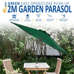 Sunmer 2M Push-Up Garden Parasol Sun Shading Umbrella With Tilt, Water Repellent Polyester, Powder-Coated Steel Frame - Green - thumbnail 2