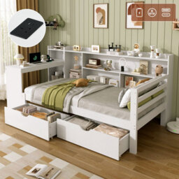Merax 3Ft Single Daybed 90X190 Cm, Wooden Storage Bed With Bookcase Headboard, 2 Drawers, Desk & Charging Station, White - thumbnail 5