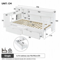 Merax 3Ft Single Daybed 90X190 Cm, Wooden Storage Bed With Bookcase Headboard, 2 Drawers, Desk & Charging Station, White - thumbnail 4