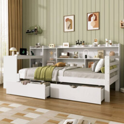 Merax 3Ft Single Daybed 90X190 Cm, Wooden Storage Bed With Bookcase Headboard, 2 Drawers, Desk & Charging Station, White - thumbnail 1