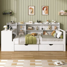 Merax 3Ft Single Daybed 90X190 Cm, Wooden Storage Bed With Bookcase Headboard, 2 Drawers, Desk & Charging Station, White - thumbnail 2