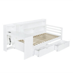 Merax 3Ft Single Daybed 90X190 Cm, Wooden Storage Bed With Bookcase Headboard, 2 Drawers, Desk & Charging Station, White - thumbnail 9