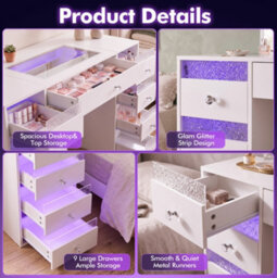 Fenchilin 9-Drawer Vanity Dressing Table With Rgb Led Lights 130X55X81Cm White Makeup Desk - thumbnail 6