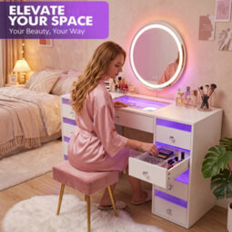 Fenchilin 9-Drawer Vanity Dressing Table With Rgb Led Lights 130X55X81Cm White Makeup Desk - thumbnail 5