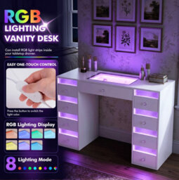 Fenchilin 9-Drawer Vanity Dressing Table With Rgb Led Lights 130X55X81Cm White Makeup Desk - thumbnail 2