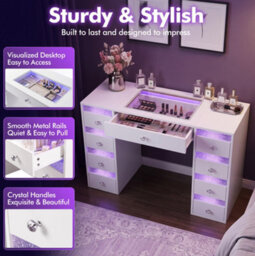 Fenchilin 9-Drawer Vanity Dressing Table With Rgb Led Lights 130X55X81Cm White Makeup Desk - thumbnail 4
