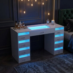 Fenchilin 9-Drawer Vanity Dressing Table With Rgb Led Lights 130X55X81Cm White Makeup Desk - thumbnail 1