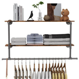 Heavy Duty Pipe Clothes Rail Wall Mounted Garment Rack- Black+Dark Brown - thumbnail 7
