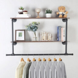 Heavy Duty Pipe Clothes Rail Wall Mounted Garment Rack- Black+Dark Brown - thumbnail 4