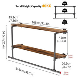 Heavy Duty Pipe Clothes Rail Wall Mounted Garment Rack- Black+Dark Brown - thumbnail 2