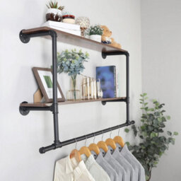 Heavy Duty Pipe Clothes Rail Wall Mounted Garment Rack- Black+Dark Brown - thumbnail 3