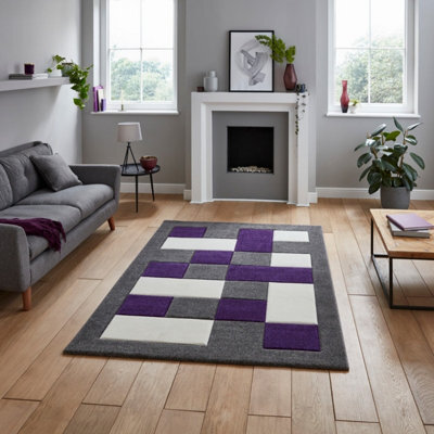 Grey Purple Modern Easy To Clean Bordered Chequered Geometric Rug For Dining Room-120Cm X 170Cm - image 1