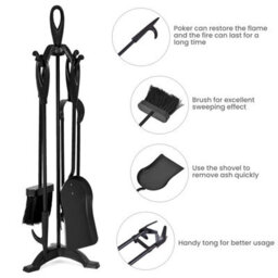 Costway 5 Piece Fire Companion Set Iron Fireplace Fireside Tools Brush-Black - thumbnail 7
