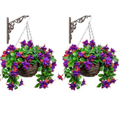 Primrose Pair Of Artificial Fuchsia Flowers Rattan Hanging Basket Decoration Purple 25Cm - image 1