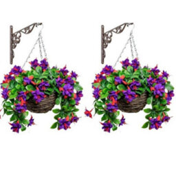 Primrose Pair Of Artificial Fuchsia Flowers Rattan Hanging Basket Decoration Purple 25Cm
