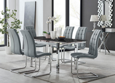 Furniturebox Uk Enna Black Glass Extending Dining Table And 6 Grey Murano Chairs - image 1