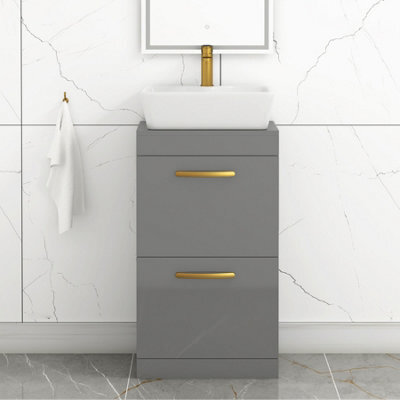 Royal Bathrooms 500mm Floor Standing Vanity Unit 2 Drawer Indigo Grey Gloss & Countertop Basin - Cube With Brushed Brass Handle - image 1