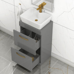 Royal Bathrooms 500mm Floor Standing Vanity Unit 2 Drawer Indigo Grey Gloss & Countertop Basin - Cube With Brushed Brass Handle - thumbnail 3