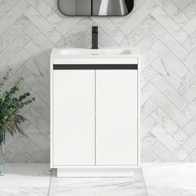 Royal Bathrooms Orion 600mm Matt White 2 Door Floor Standing Vanity Unit With Stone Basin & Black Strip - image 1