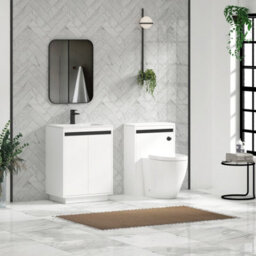 Royal Bathrooms Orion 600mm Matt White 2 Door Floor Standing Vanity Unit With Stone Basin & Black Strip - thumbnail 3