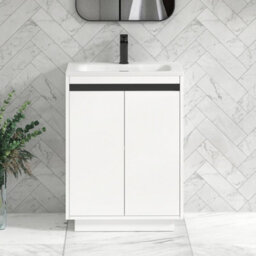Royal Bathrooms Orion 600mm Matt White 2 Door Floor Standing Vanity Unit With Stone Basin & Black Strip