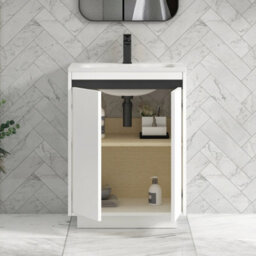 Royal Bathrooms Orion 600mm Matt White 2 Door Floor Standing Vanity Unit With Stone Basin & Black Strip - thumbnail 4