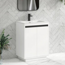 Royal Bathrooms Orion 600mm Matt White 2 Door Floor Standing Vanity Unit With Stone Basin & Black Strip - thumbnail 5