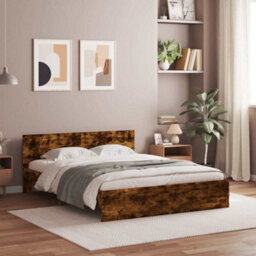 Berkfield Bed Frame With Headboard And Led Smoked Oak 150X200 Cm King Size - thumbnail 4