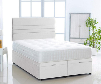 Comfy Deluxe White  Plush Foot Lift Ottoman Bed With Memory Spring Mattress And   Horizontal   Headboard 4.0Ft Small Double - image 1