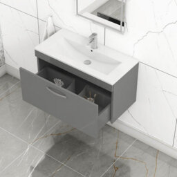 Royal Bathrooms Turin Indigo Grey Gloss 800mm Wall Hung Vanity Unit 1 Drawer With Minimalist Basin Sink - thumbnail 5